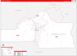 Carson City County, NV Wall Map Zip Code Red Line Style 2024